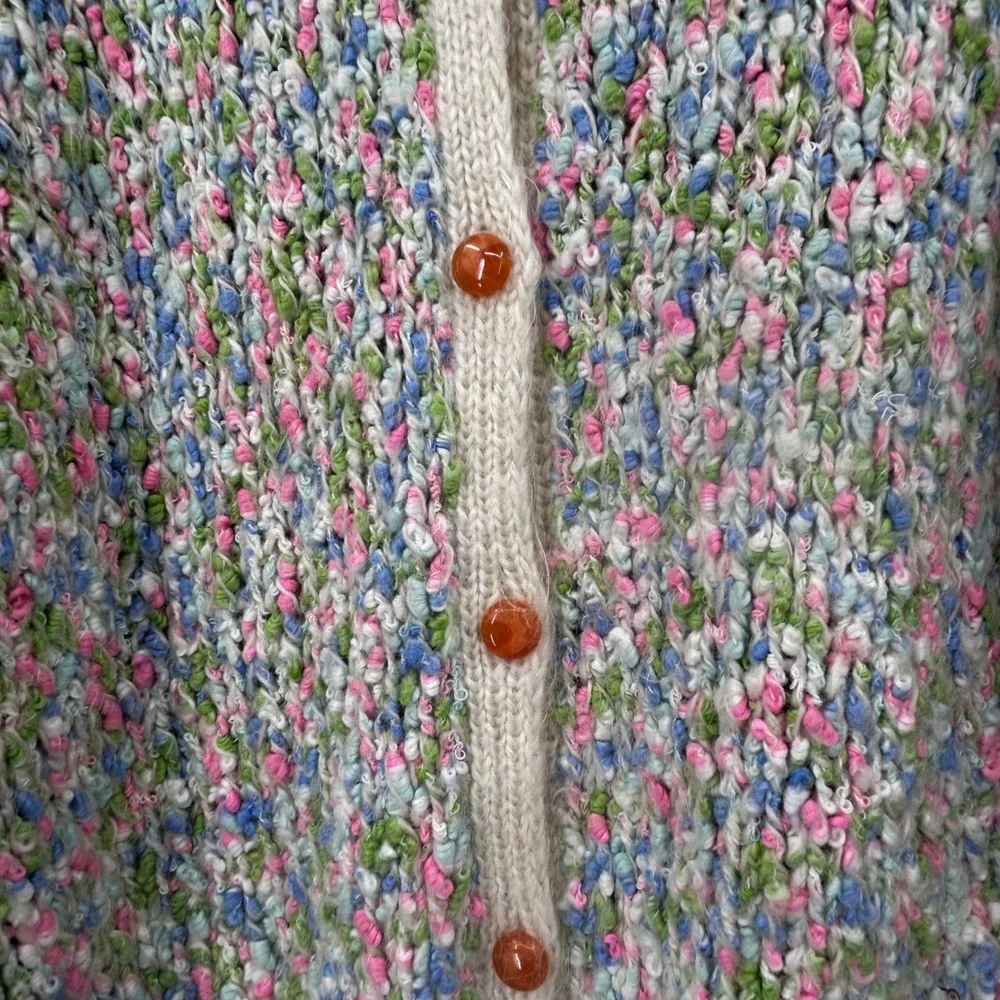 Vintage Handmade Chunky Knit Cardigan Multi Color Speckled Buttons Cream Trim - Picture 3 of 8